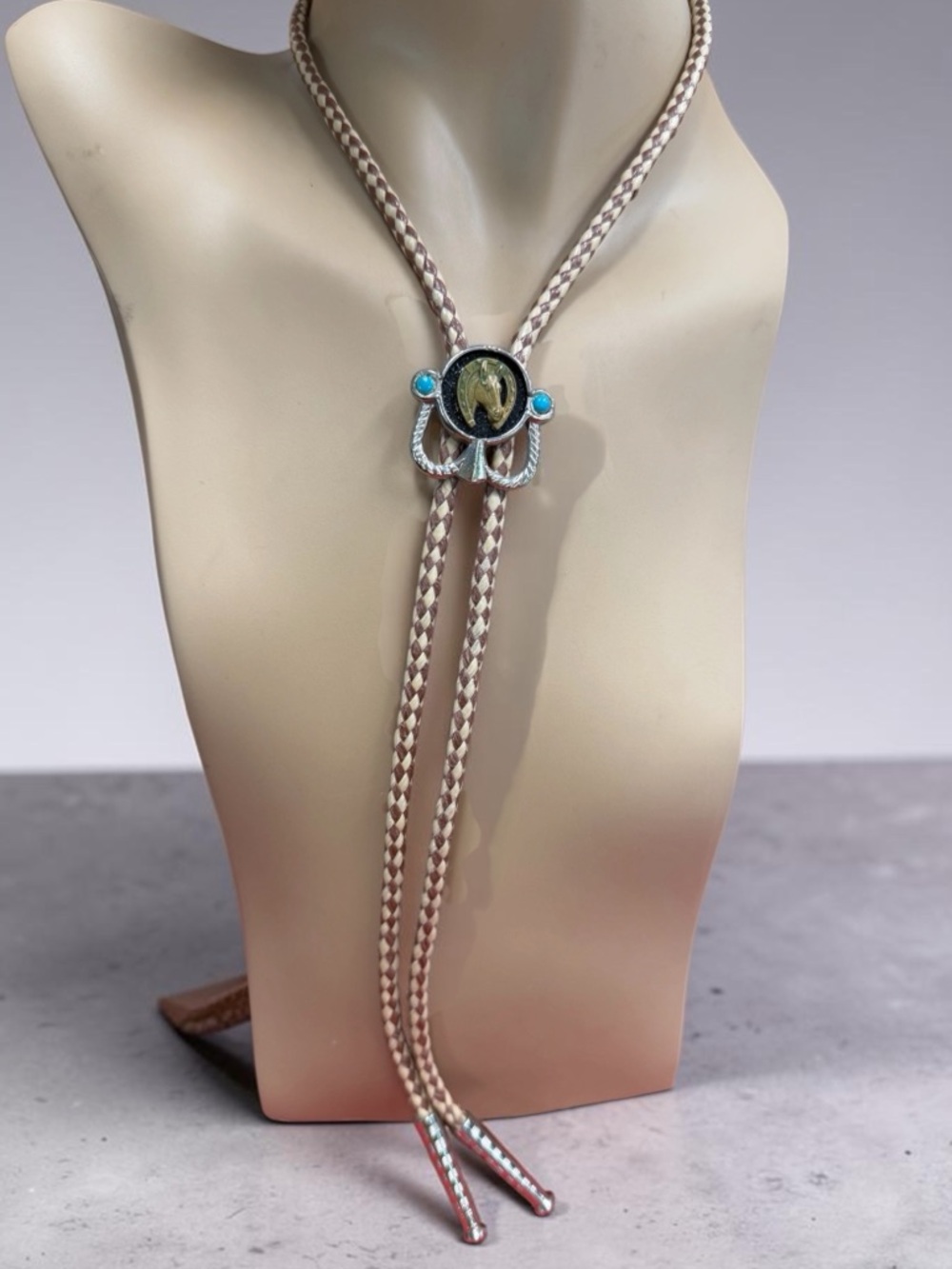 Bolo Tie Horse Horseshoe Faux Turquoise Tan with Beige Twisted Cord Western